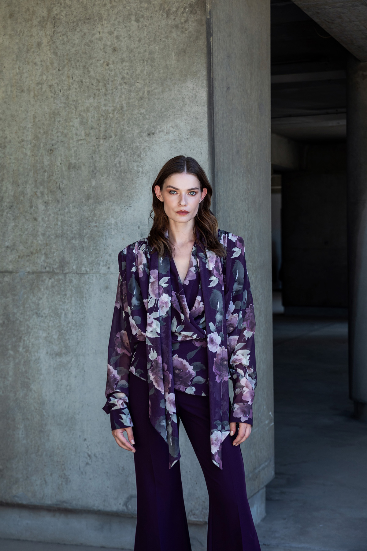 Şal Yaka Desenli Kruvaze Bluz Mor