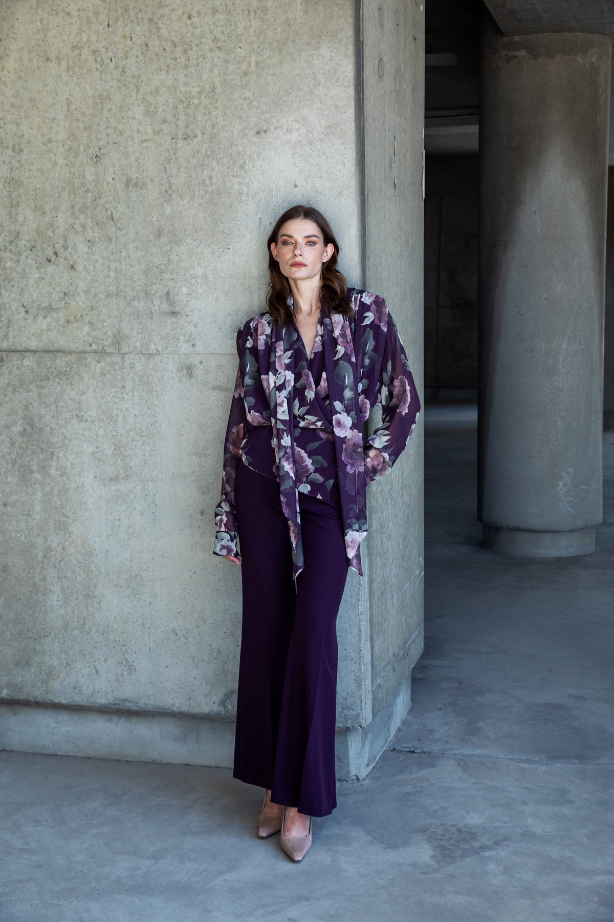 Şal Yaka Desenli Kruvaze Bluz Mor