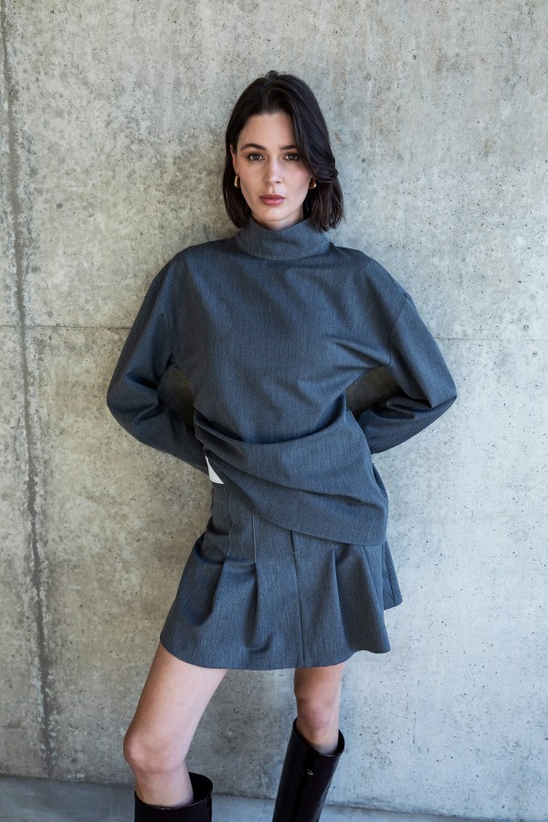 Yanı Büzgülü Yüksek Yaka Bluz Antrasit