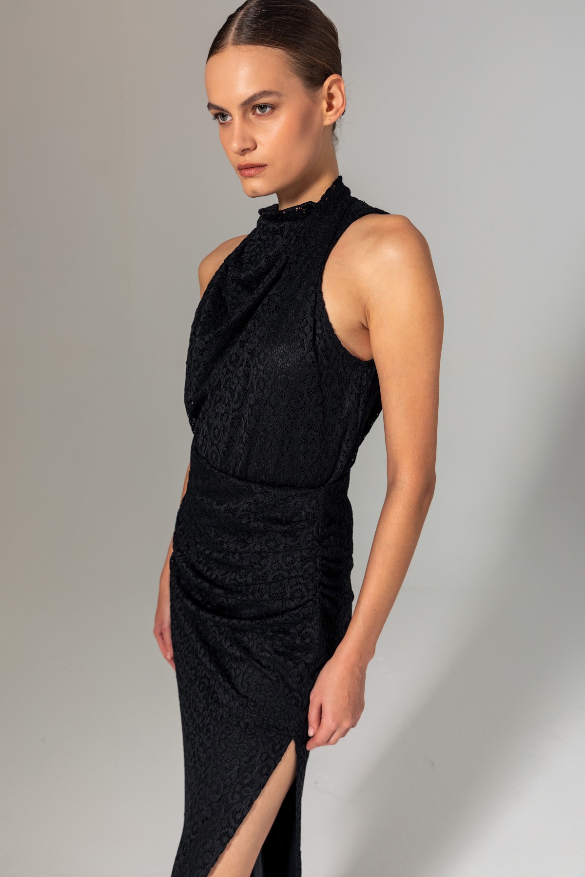 Halter Yaka Dantel Bluz Siyah