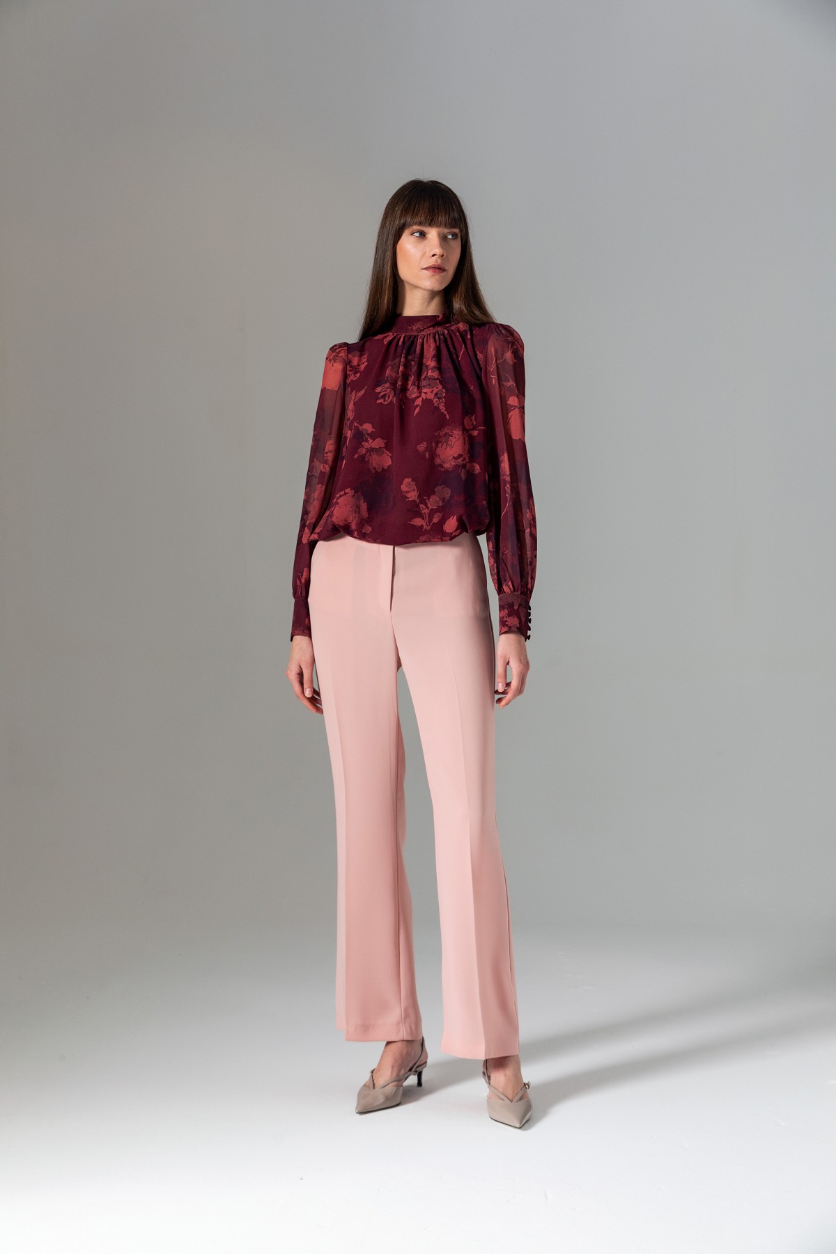 Desenli Yüksek Yaka Bluz Bordo