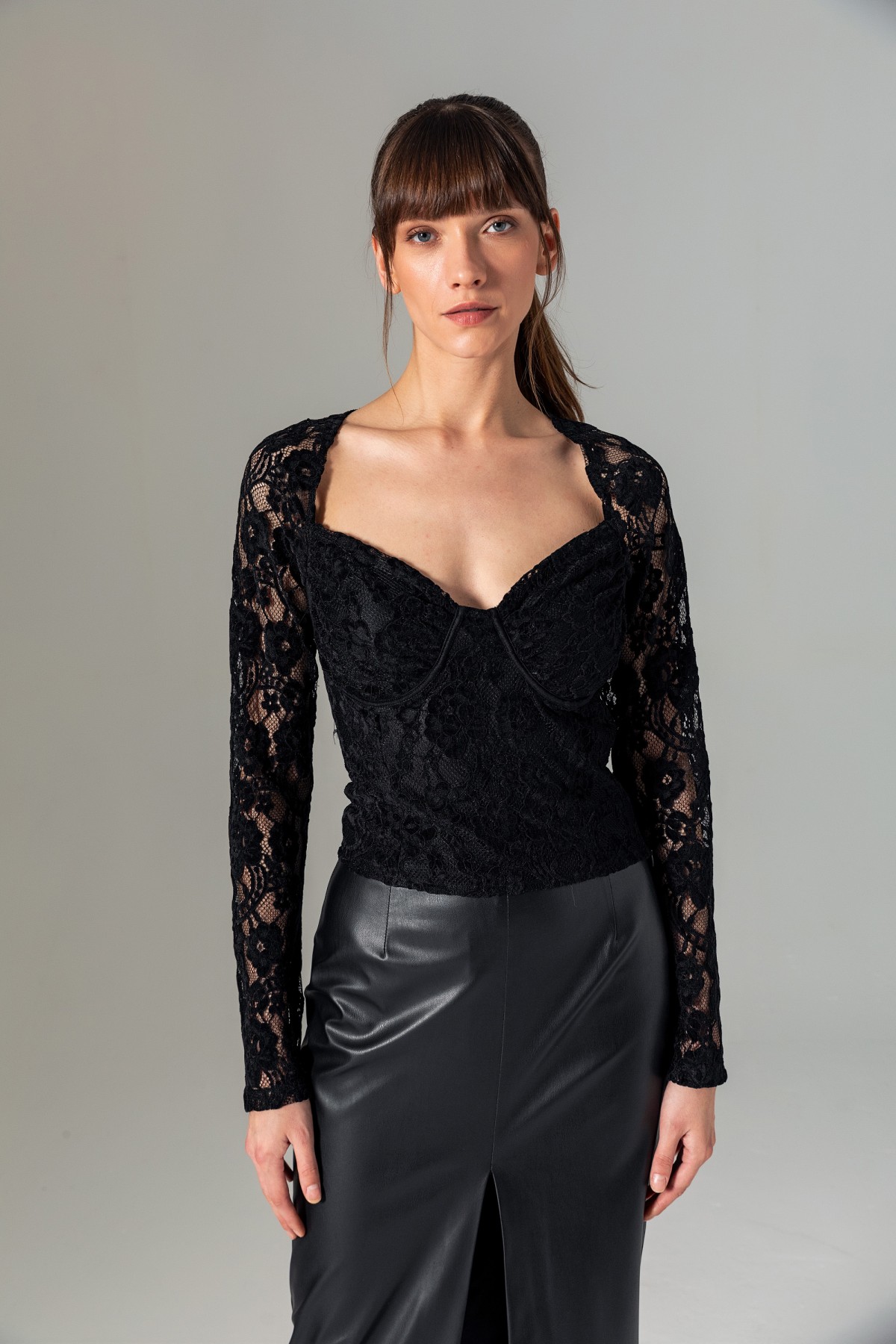 Uzun Kol Dantel Bralet Siyah