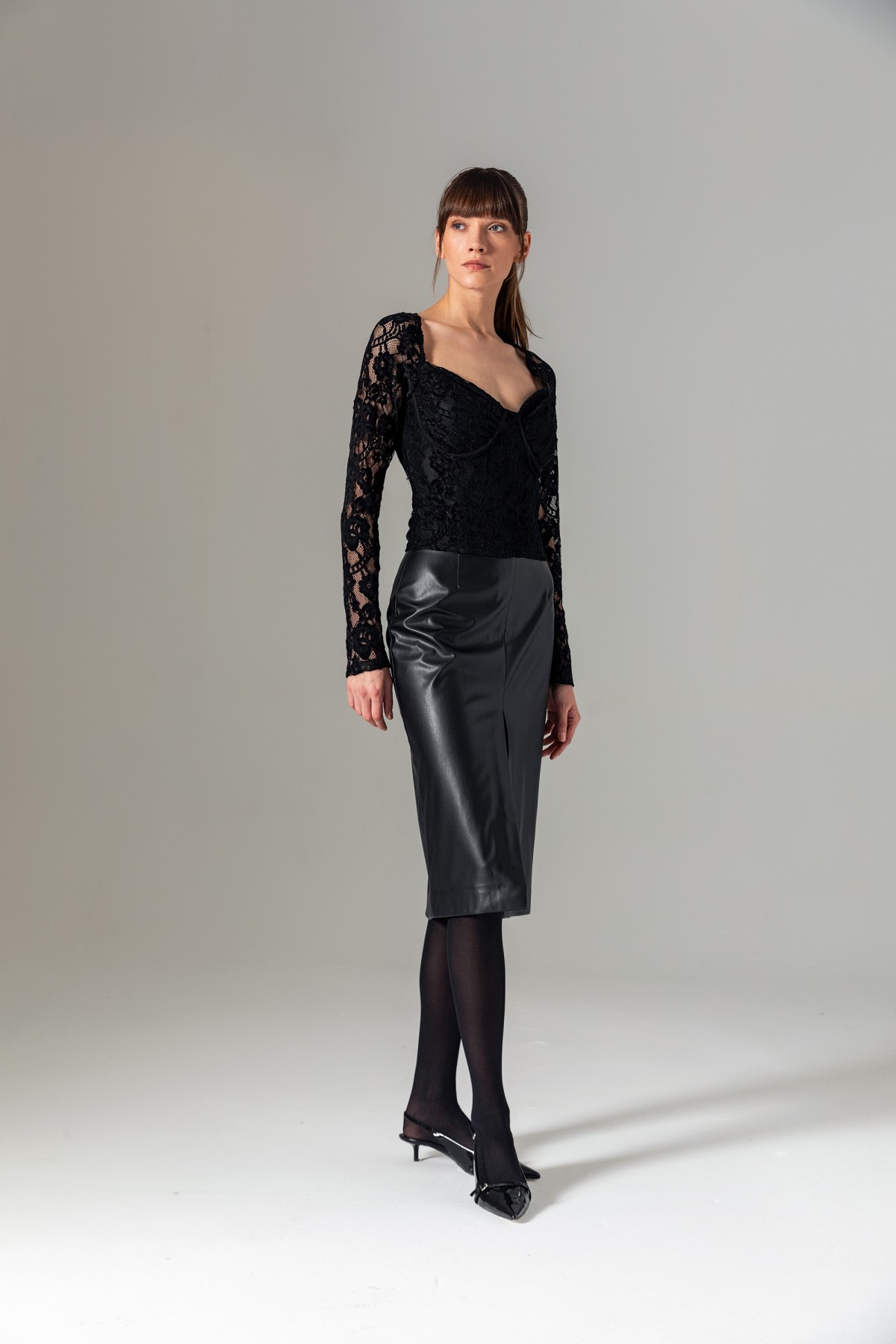 Uzun Kol Dantel Bralet Siyah