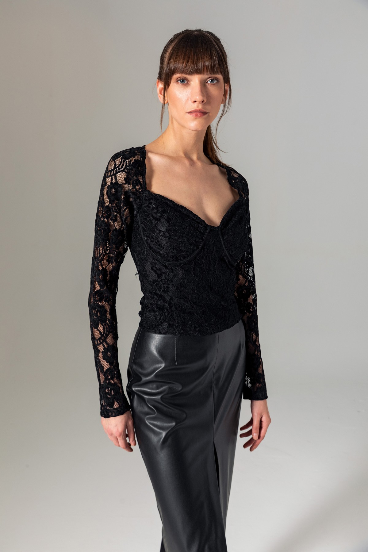 Uzun Kol Dantel Bralet Siyah