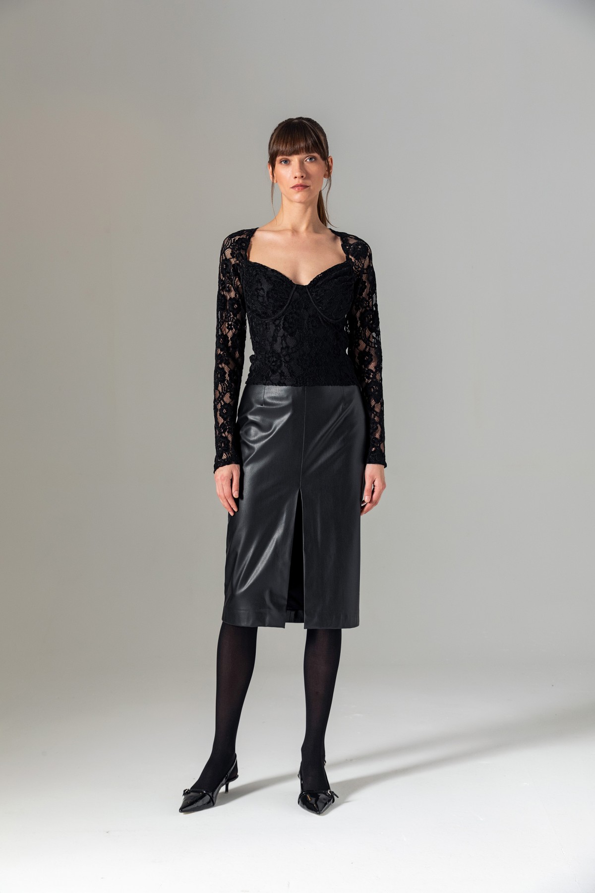 Uzun Kol Dantel Bralet Siyah