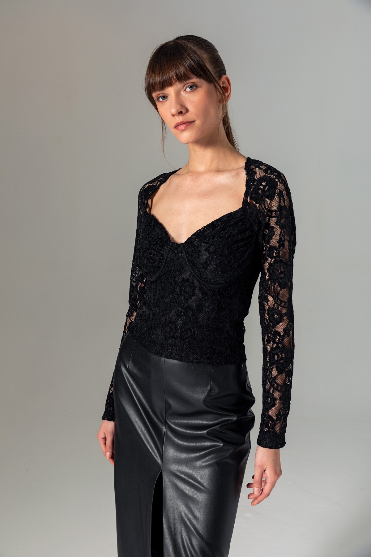 Uzun Kol Dantel Bralet Siyah