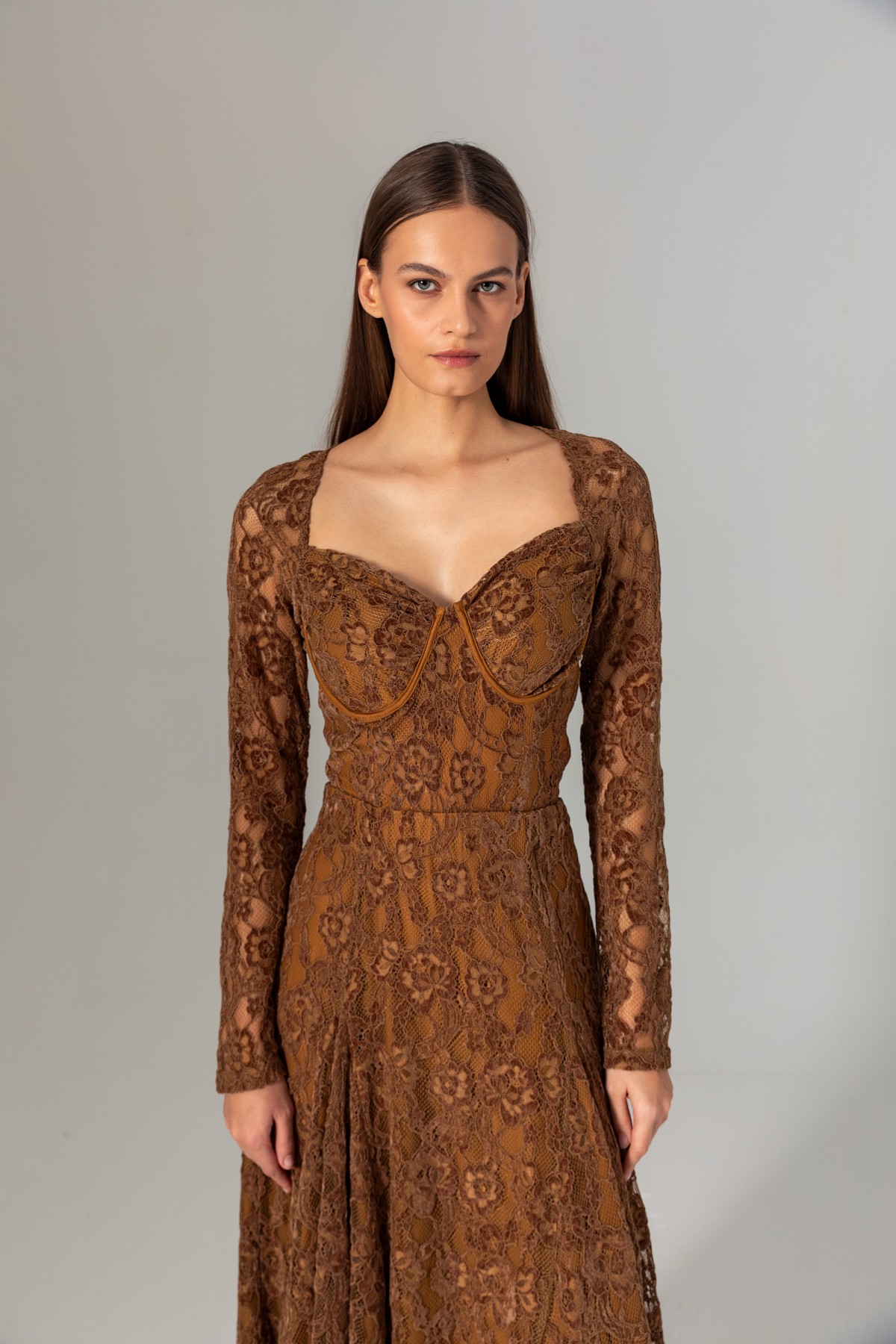 Uzun Kol Dantel Bralet Taba