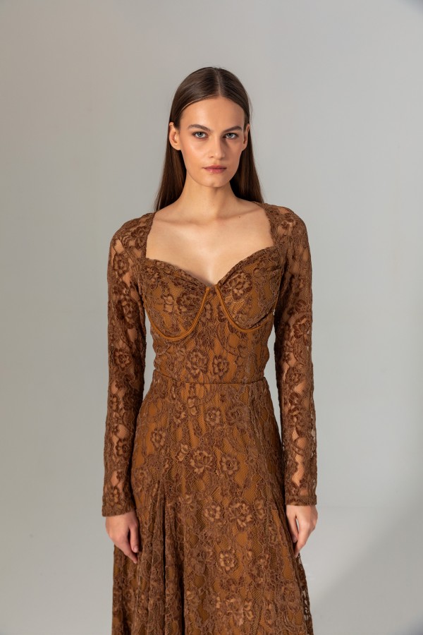 Uzun Kol Dantel Bralet Taba Uzun Kol Dantel Bralet Taba