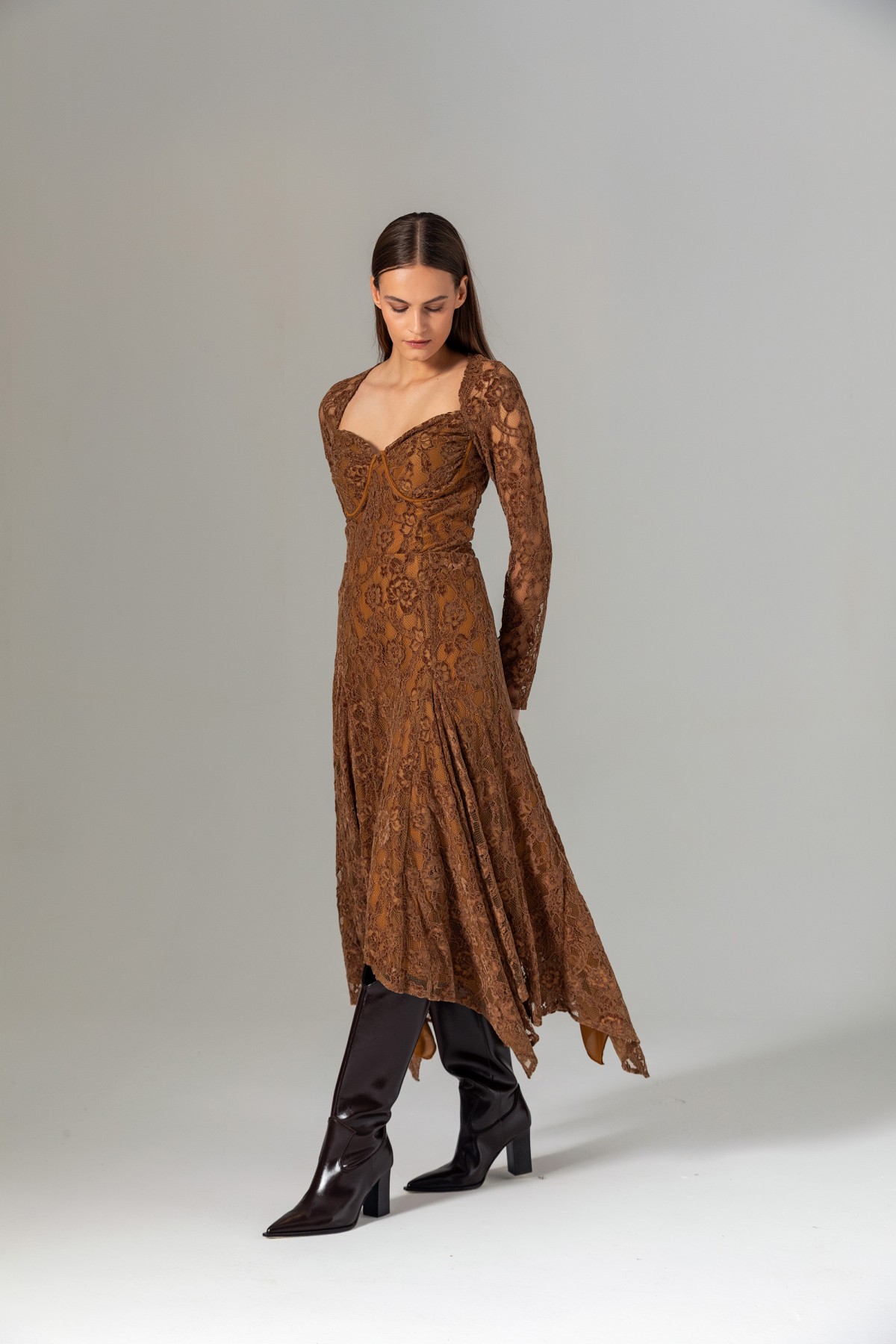 Uzun Kol Dantel Bralet Taba