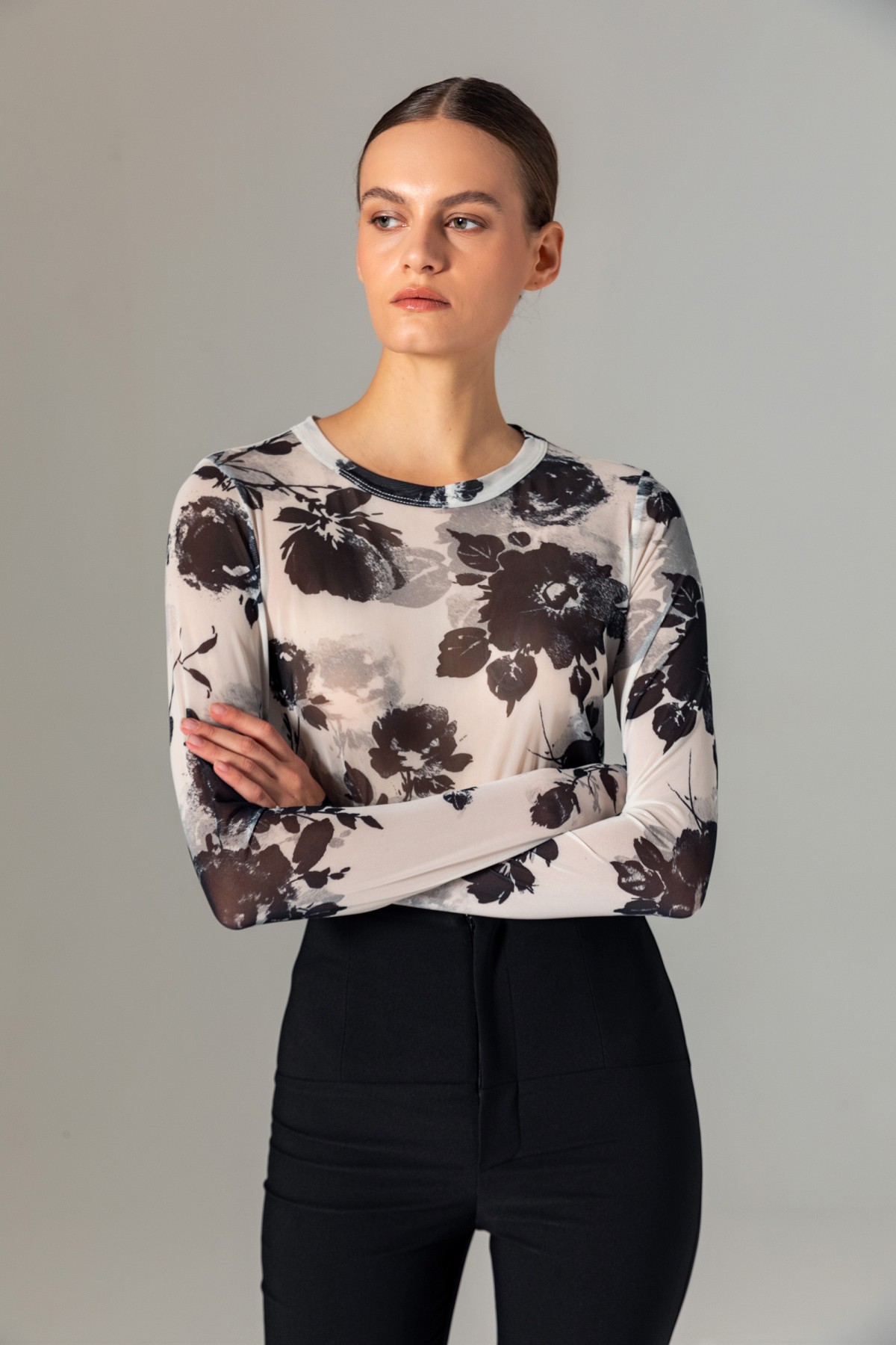 Desenli Tül Bluz Siyah