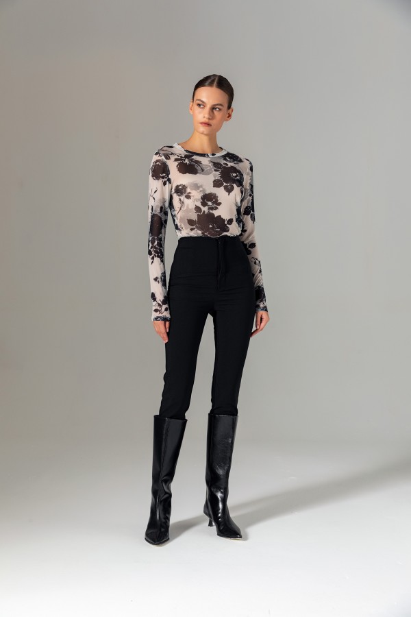 Desenli Tül Bluz Siyah