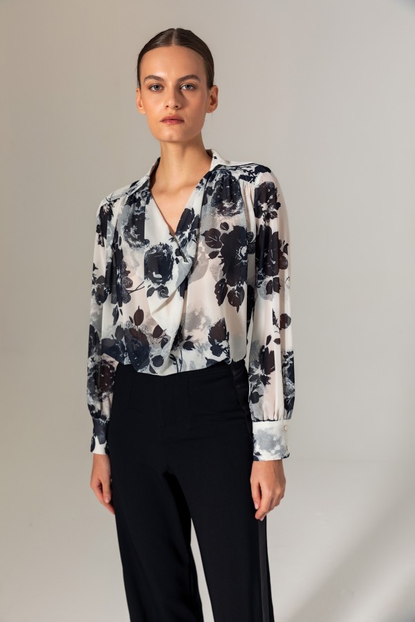 Desenli Degaje Bluz Siyah