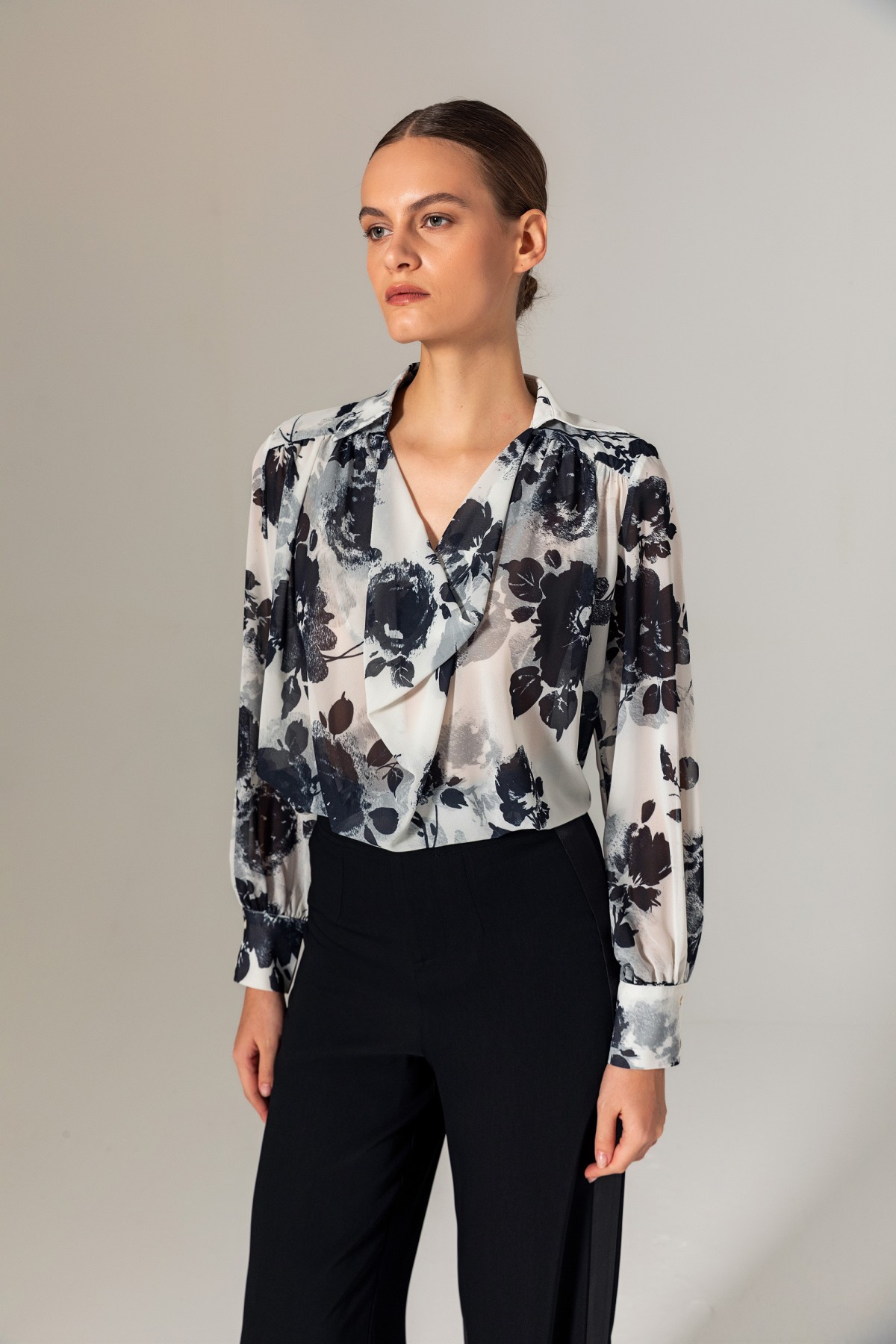 Desenli Degaje Bluz Siyah