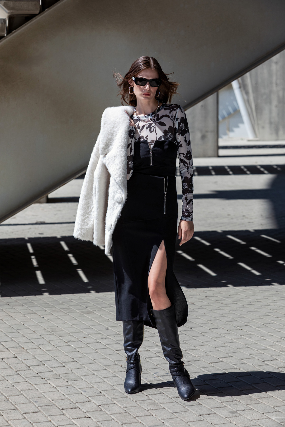 Desenli Tül Bluz Siyah