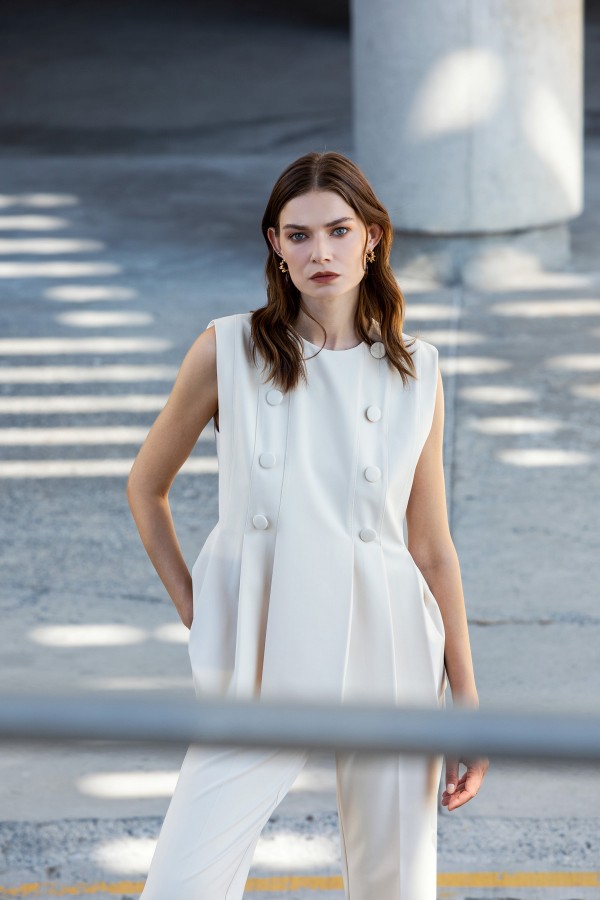 Sıfır Yaka Kolsuz Pileli Bluz Ekru