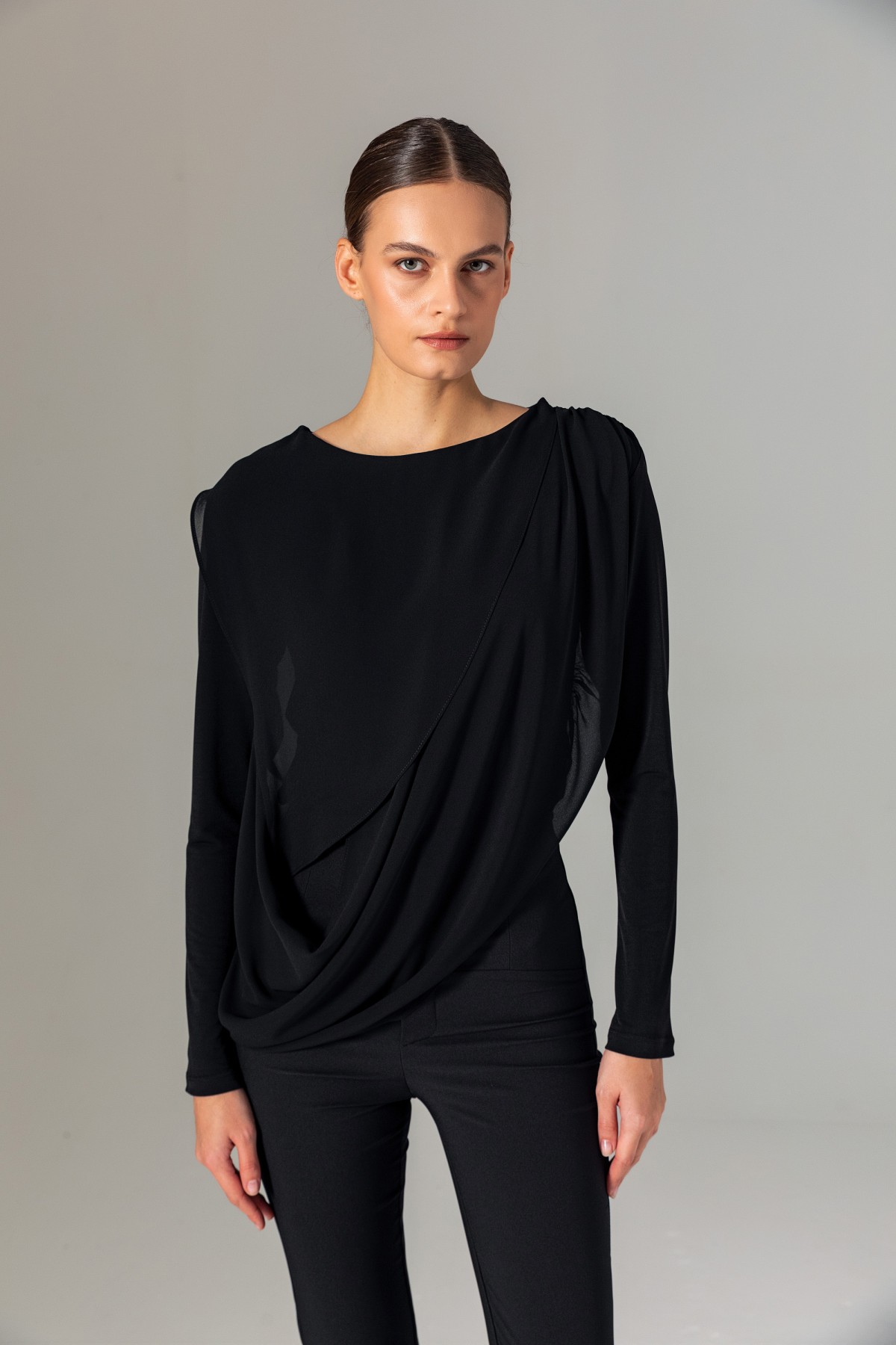 Şifonlu Örme Bluz Siyah