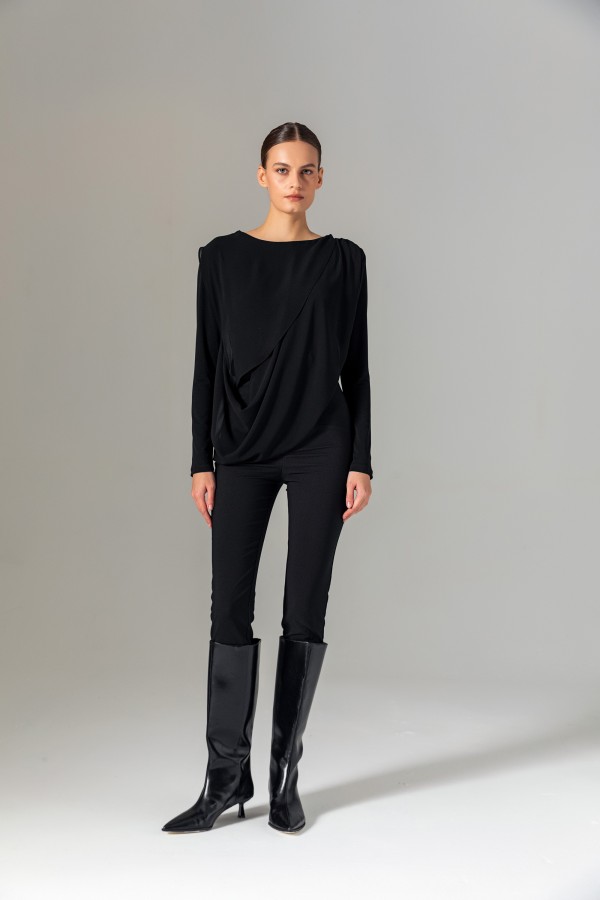 Şifonlu Örme Bluz Siyah