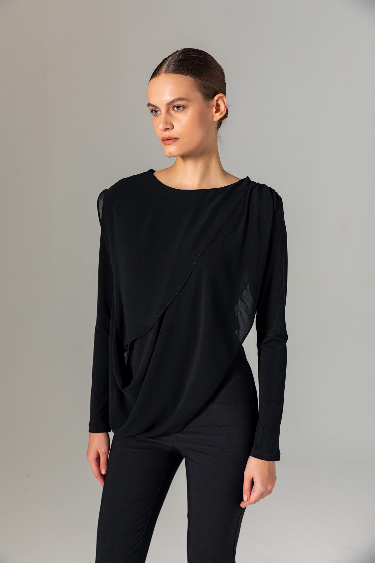 Şifonlu Örme Bluz Siyah