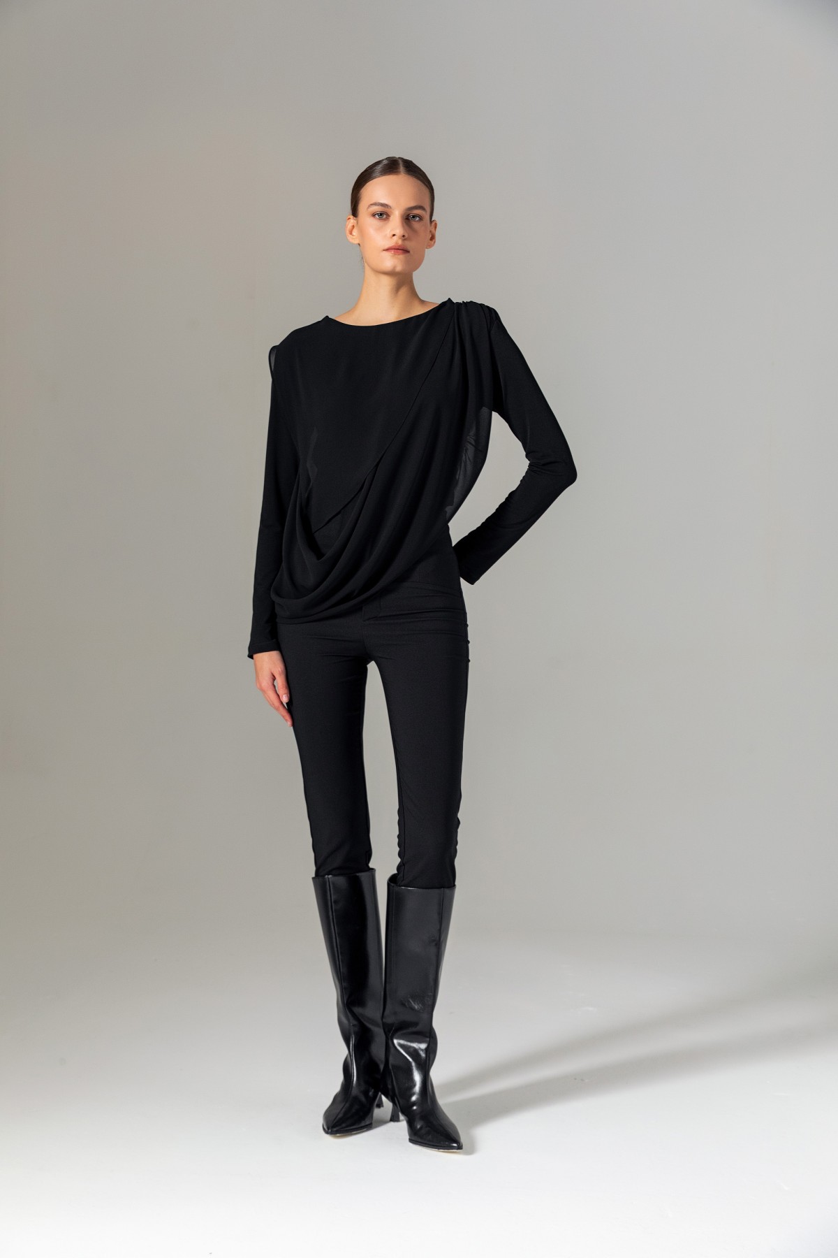 Şifonlu Örme Bluz Siyah