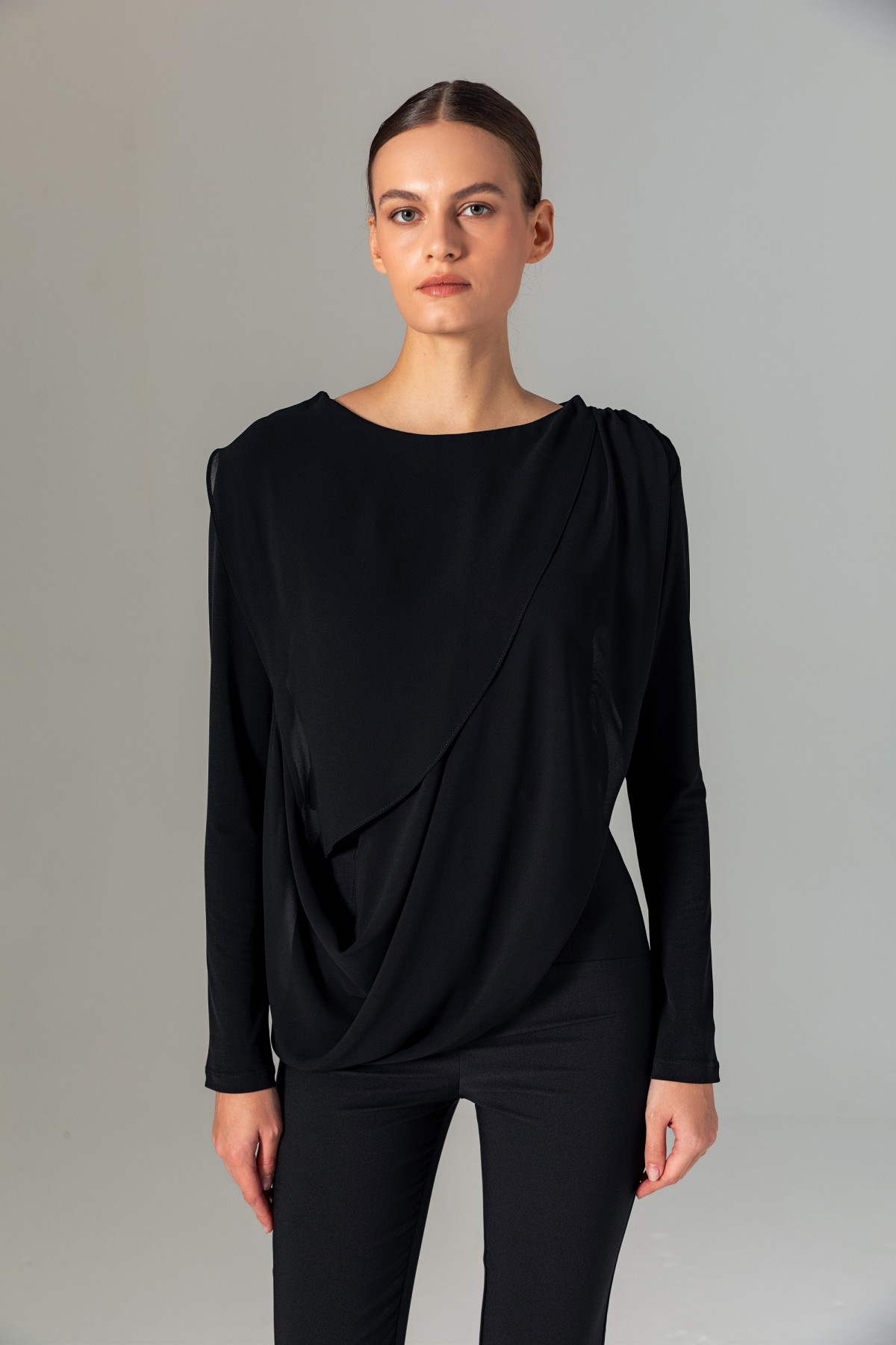Şifonlu Örme Bluz Siyah