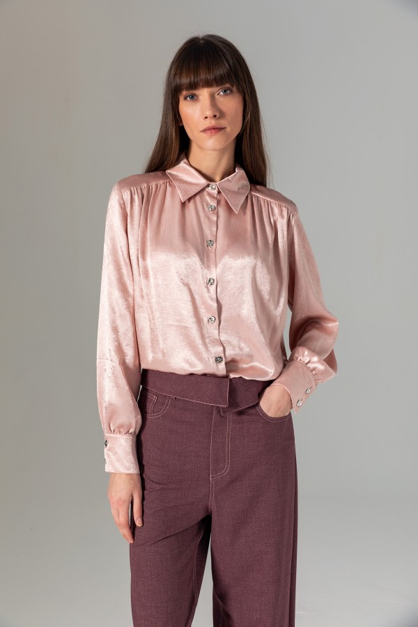 Metal Düğmeli Gömlek Pudra Metal Düğmeli Gömlek Pudra