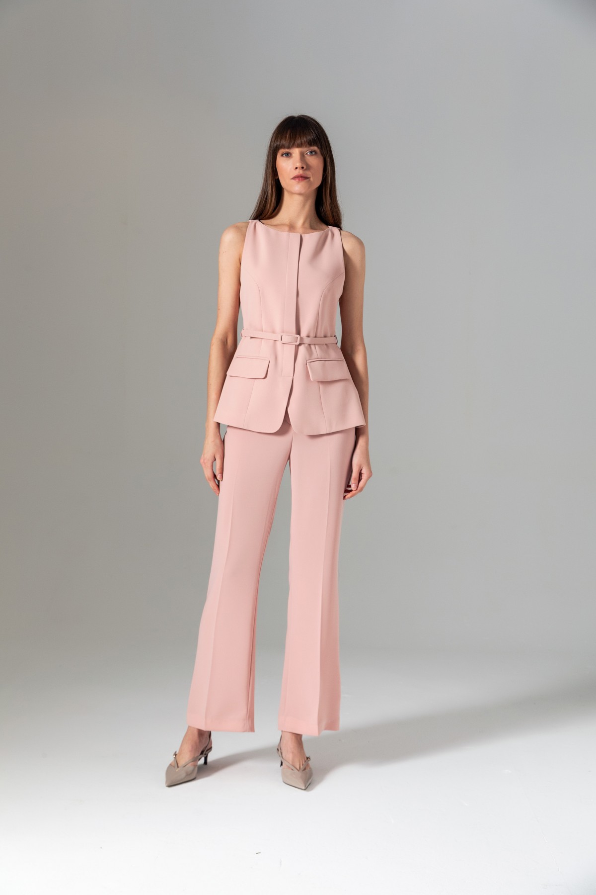 Kemerli Kolsuz Bluz Pudra