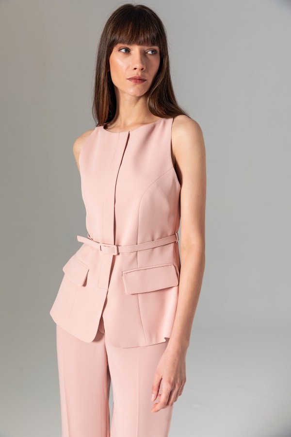 Kemerli Kolsuz Bluz Pudra