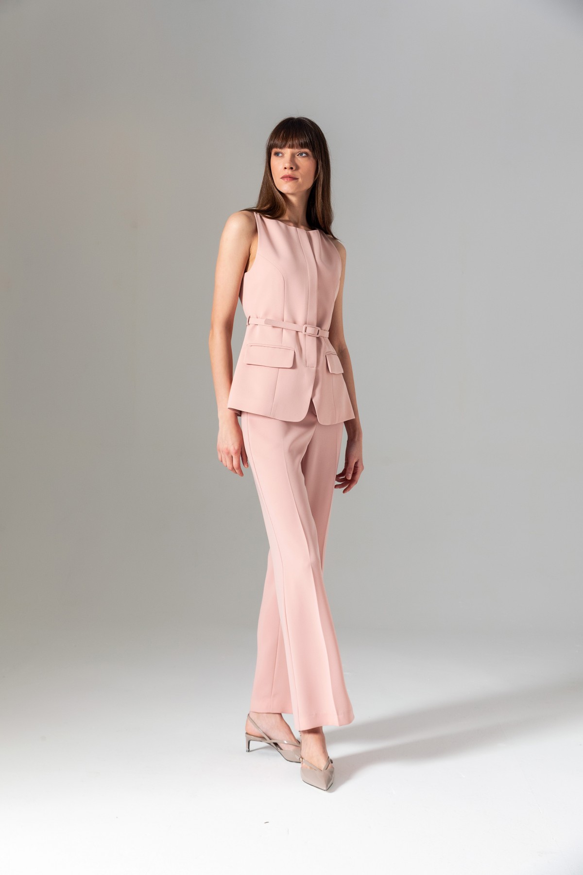 Kemerli Kolsuz Bluz Pudra