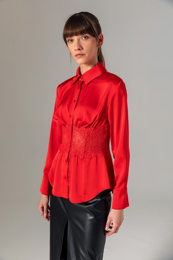 Dantel Detaylı Gömlek Kirmizi