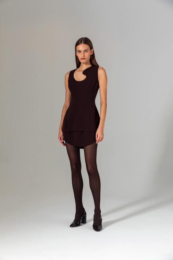 Yaka Detaylı Mini Elbise Kahve