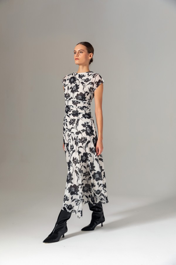 Asimetrik Desenli Tül Elbise Siyah