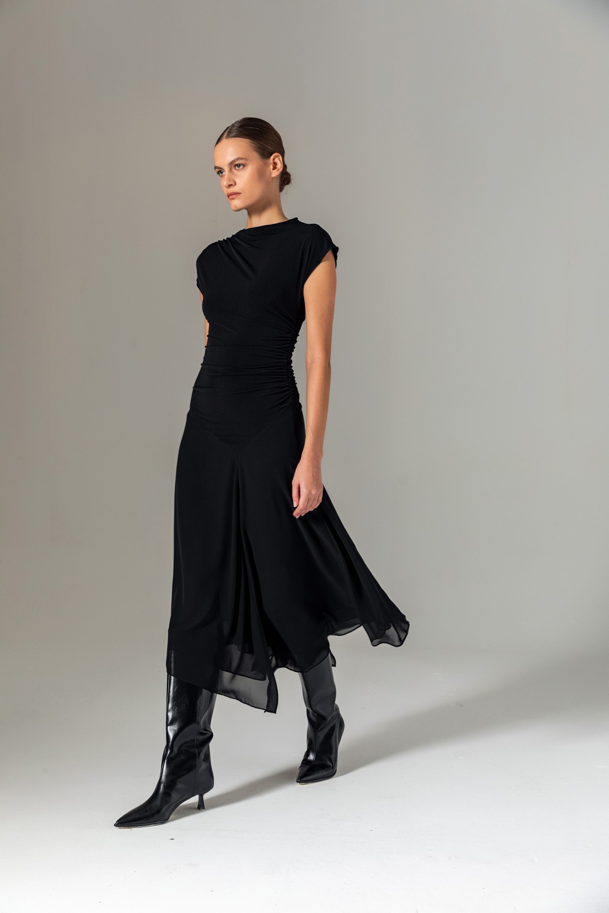 Şifon Etekli Örme Elbise Siyah