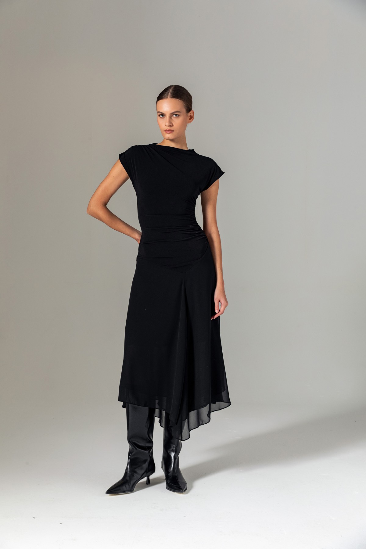 Şifon Etekli Örme Elbise Siyah