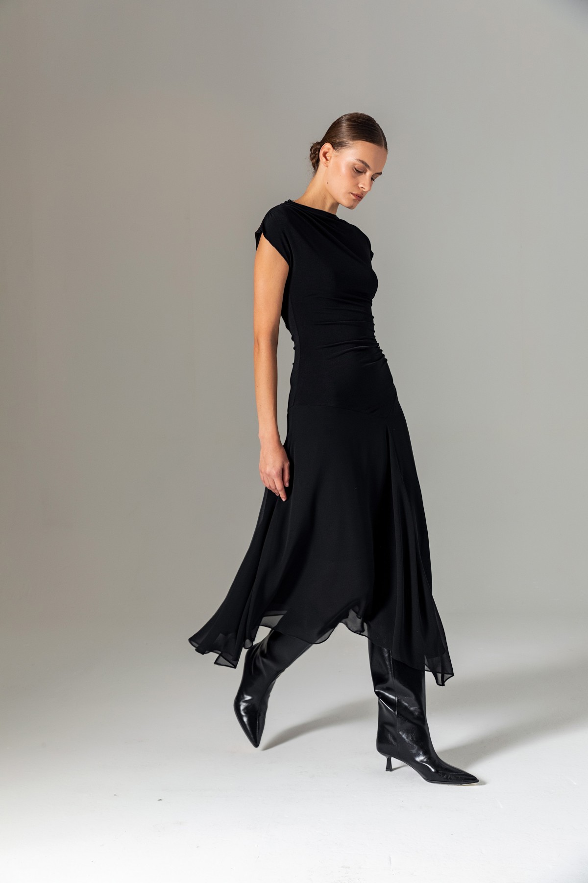 Şifon Etekli Örme Elbise Siyah