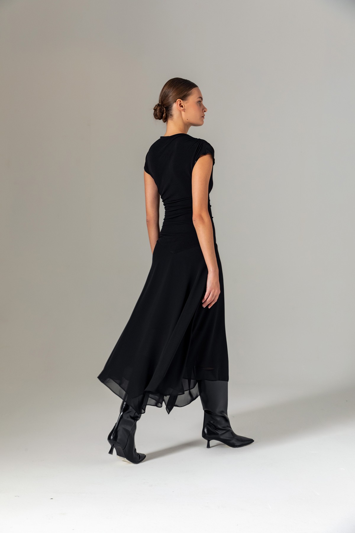 Şifon Etekli Örme Elbise Siyah