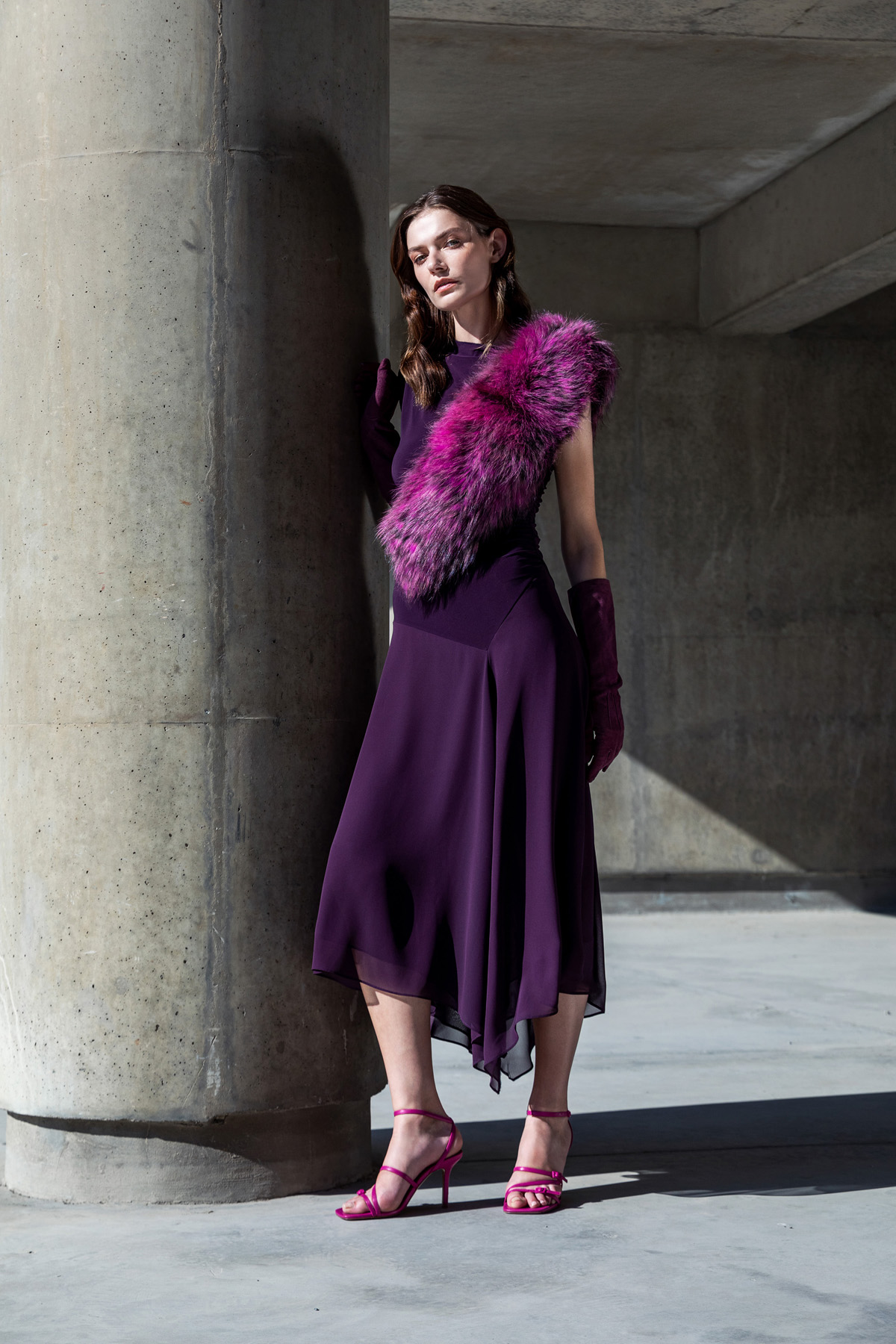 Şifon Etekli Örme Elbise Mor