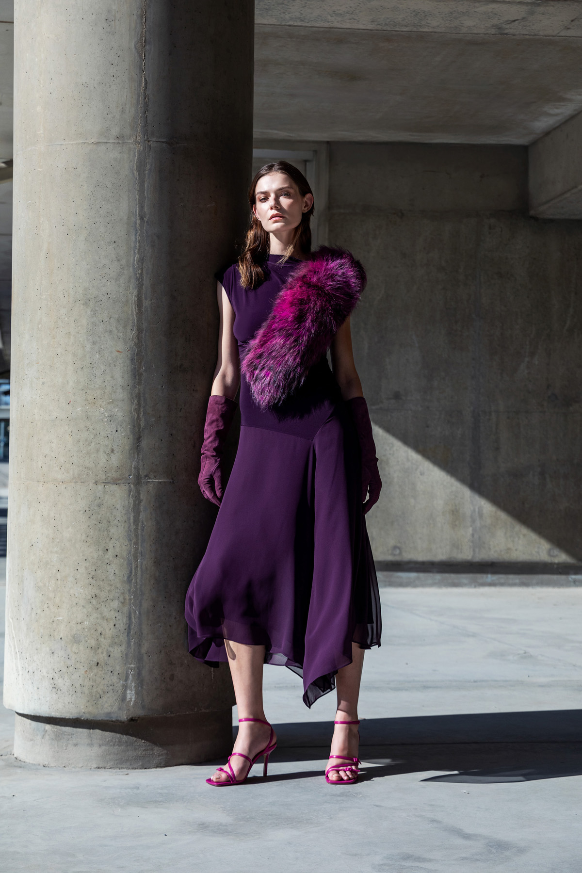 Şifon Etekli Örme Elbise Mor