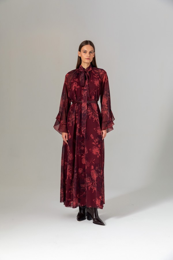 Desenli Şal Yaka Uzun Elbise Bordo