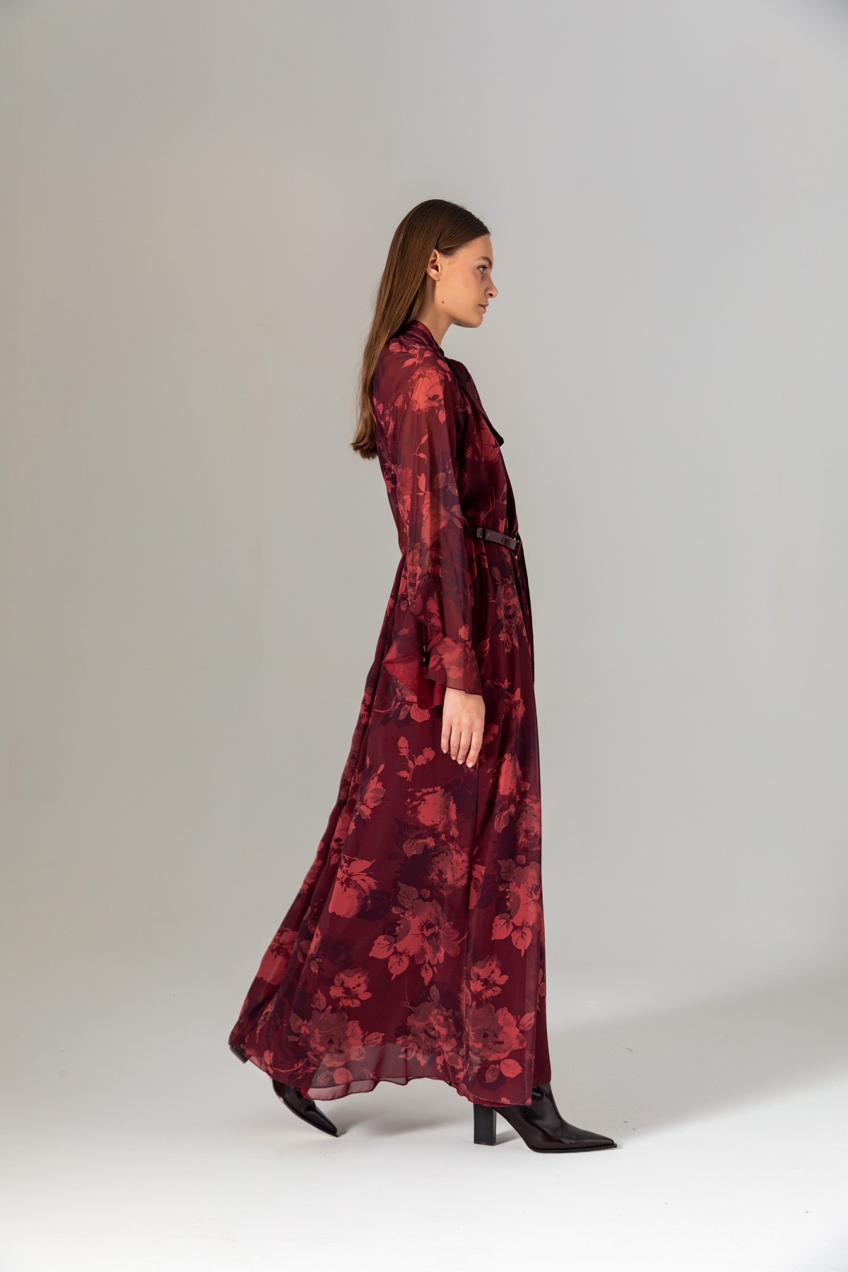 Desenli Şal Yaka Uzun Elbise Bordo