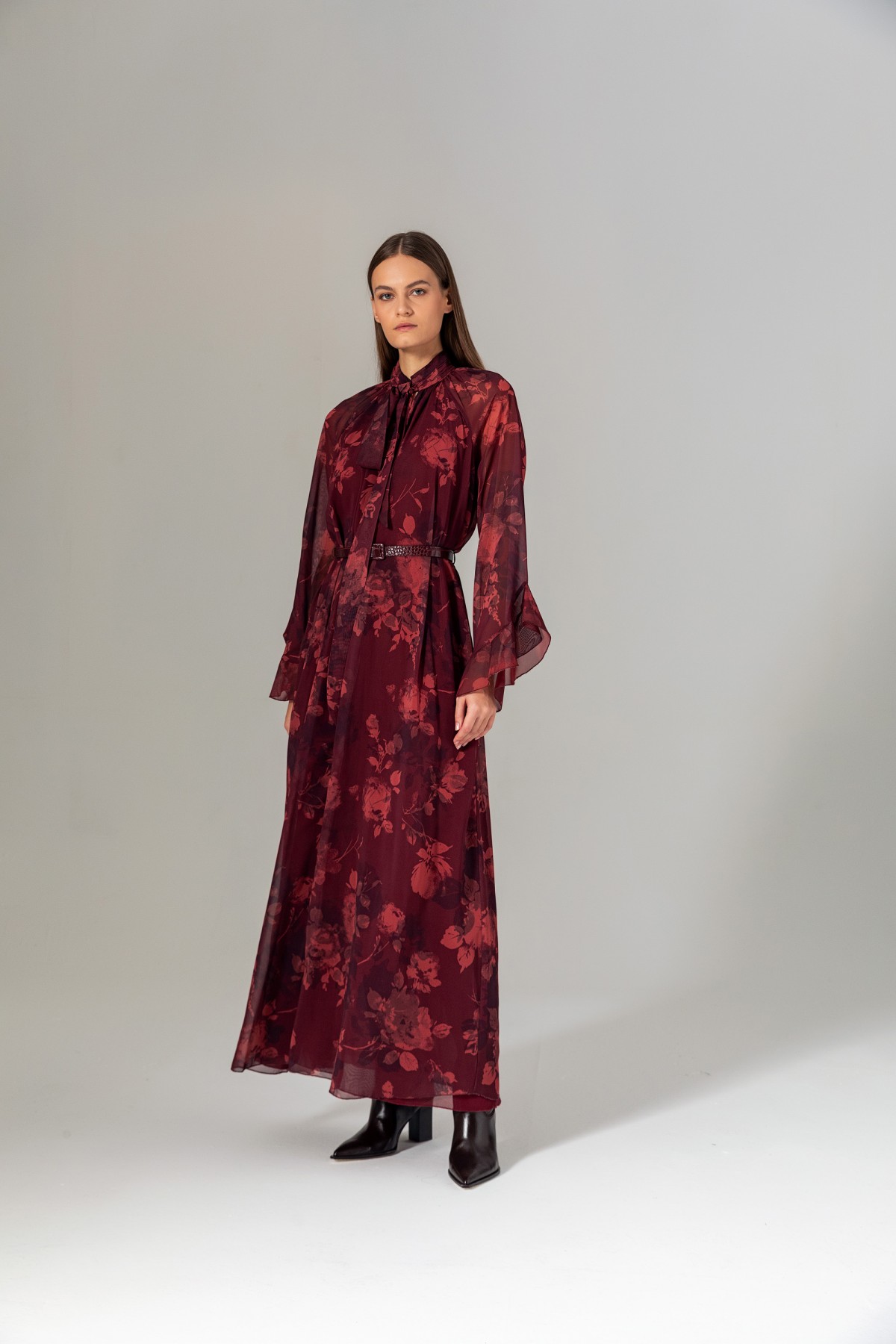 Desenli Şal Yaka Uzun Elbise Bordo
