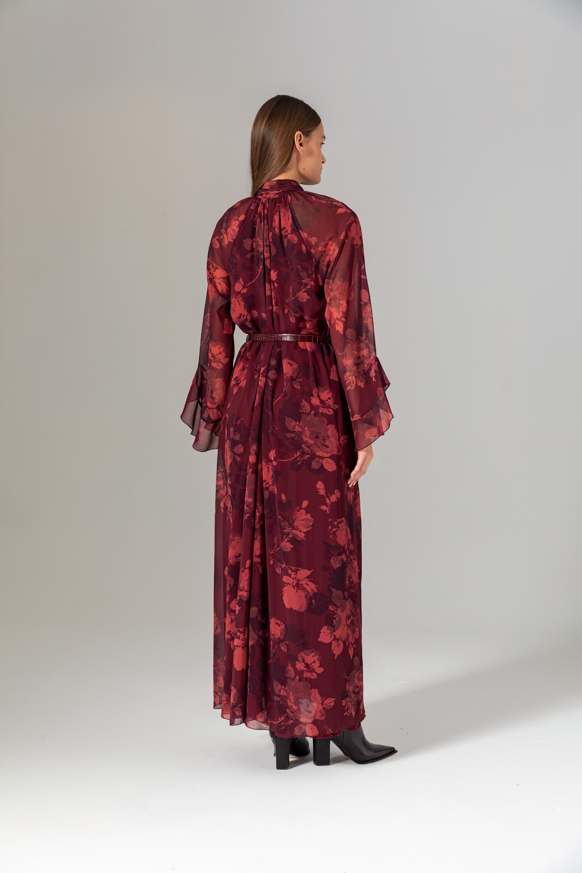 Desenli Şal Yaka Uzun Elbise Bordo