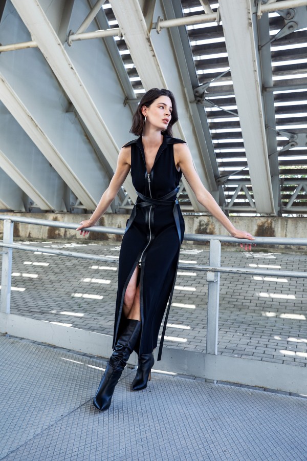 Deri Kuşaklı Bağlamalı Elbise Siyah