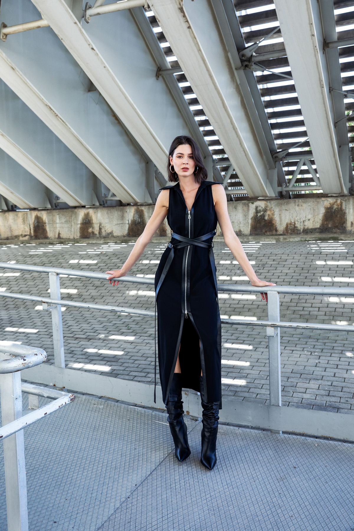 Deri Kuşaklı Bağlamalı Elbise Siyah