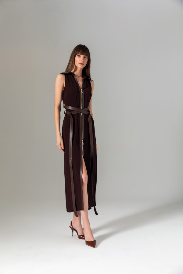 Deri Kuşaklı Bağlamalı Elbise Kahve Deri Kuşaklı Bağlamalı Elbise Kahve