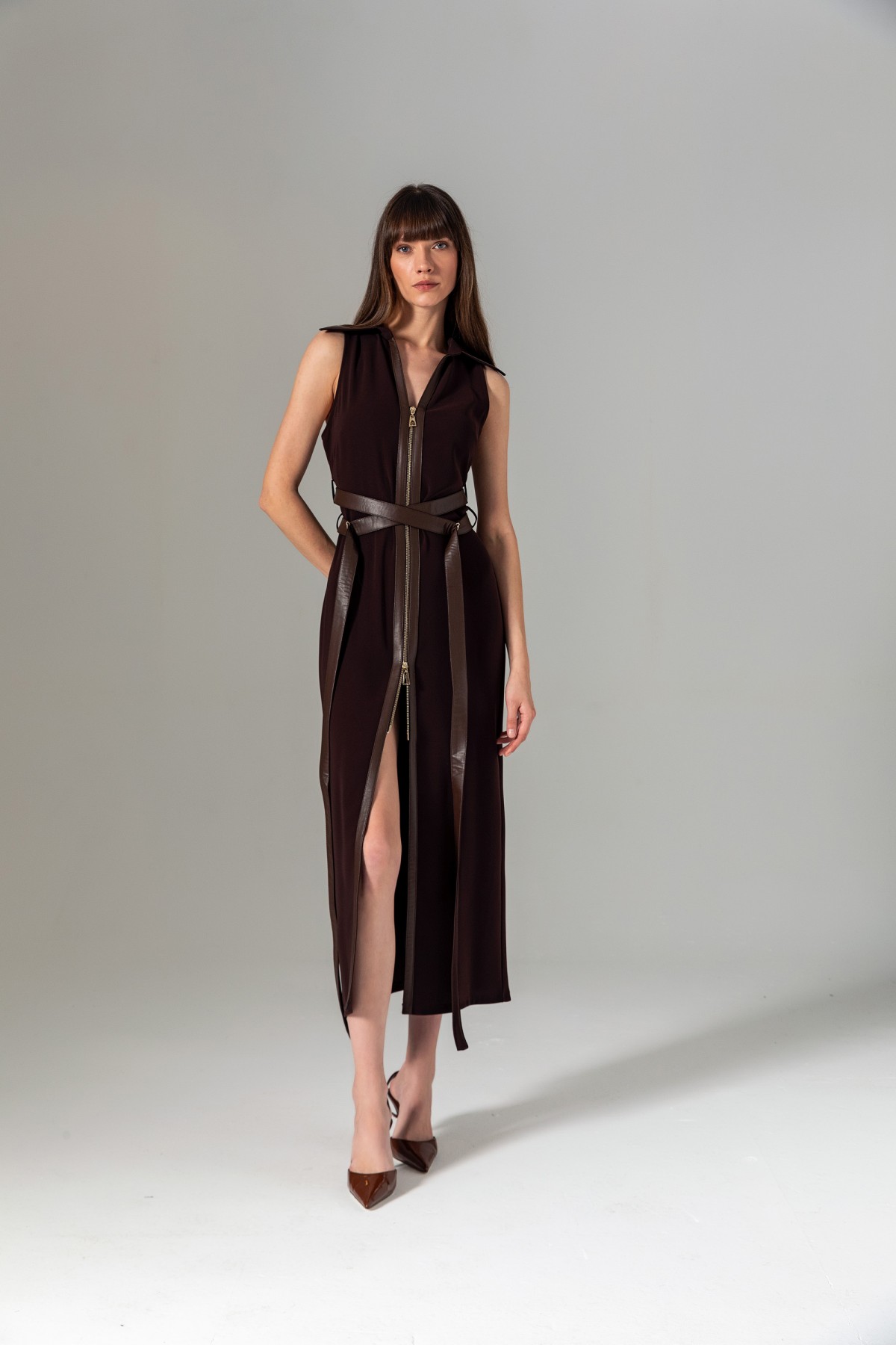 Deri Kuşaklı Bağlamalı Elbise Kahve