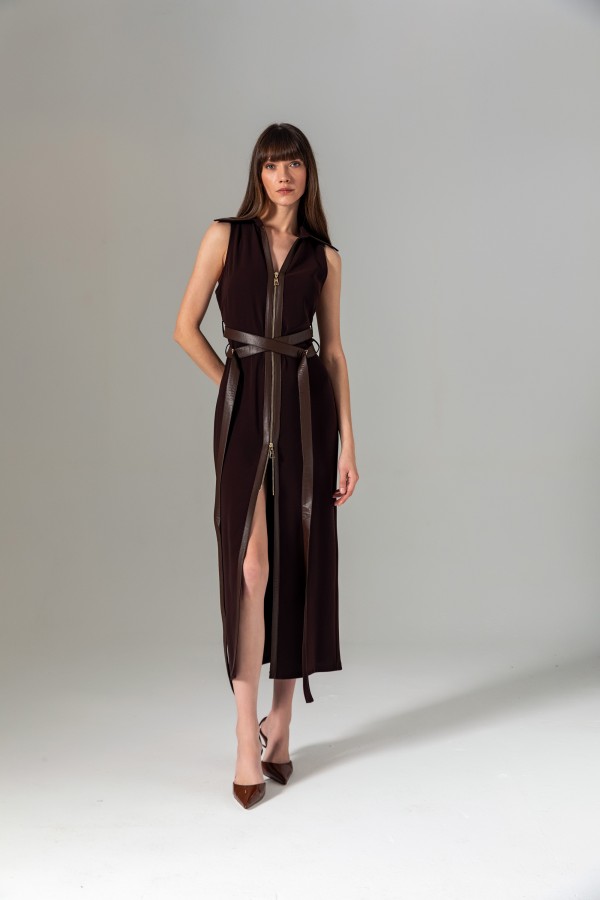 Deri Kuşaklı Bağlamalı Elbise Kahve Deri Kuşaklı Bağlamalı Elbise Kahve