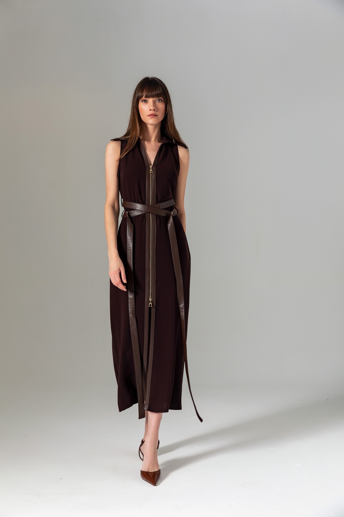 Deri Kuşaklı Bağlamalı Elbise Kahve