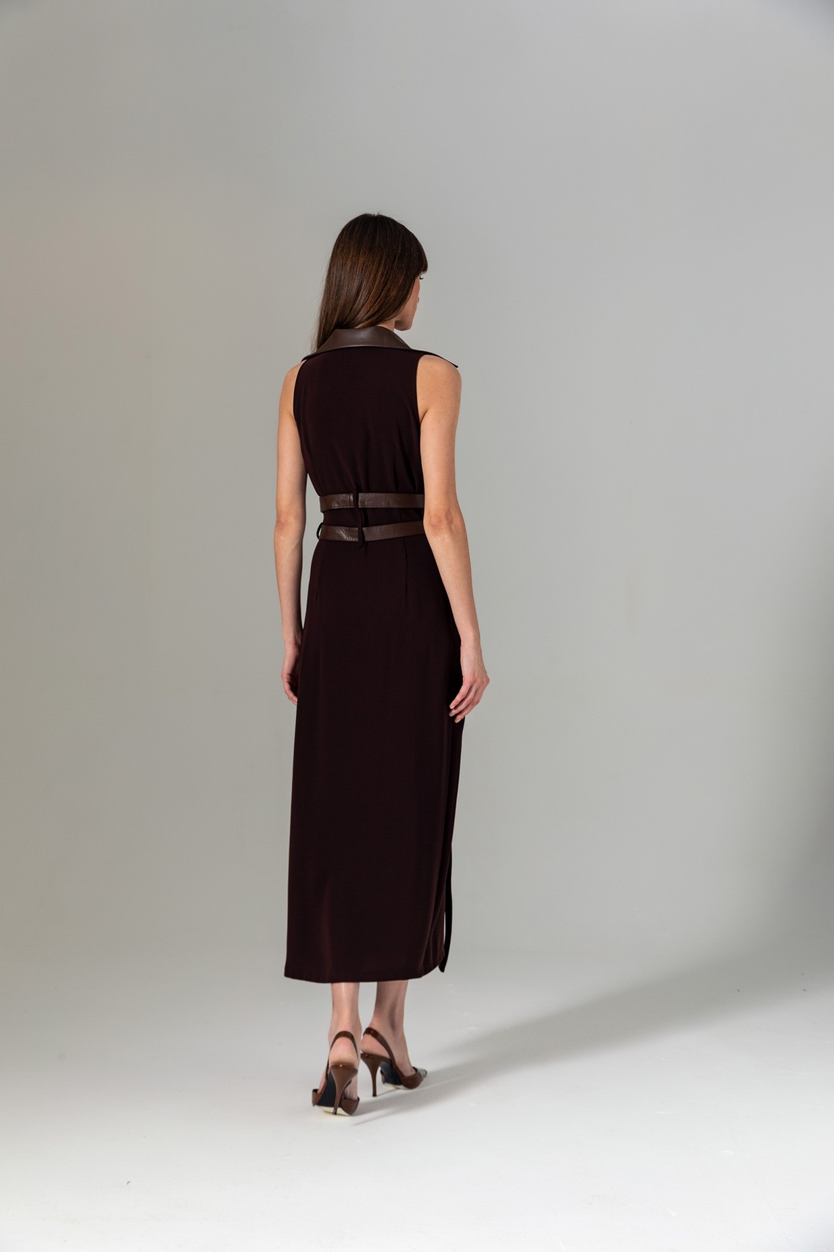 Deri Kuşaklı Bağlamalı Elbise Kahve