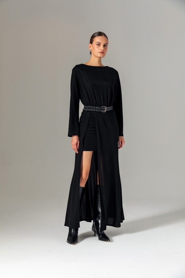 Kemerli Örme Elbise Siyah