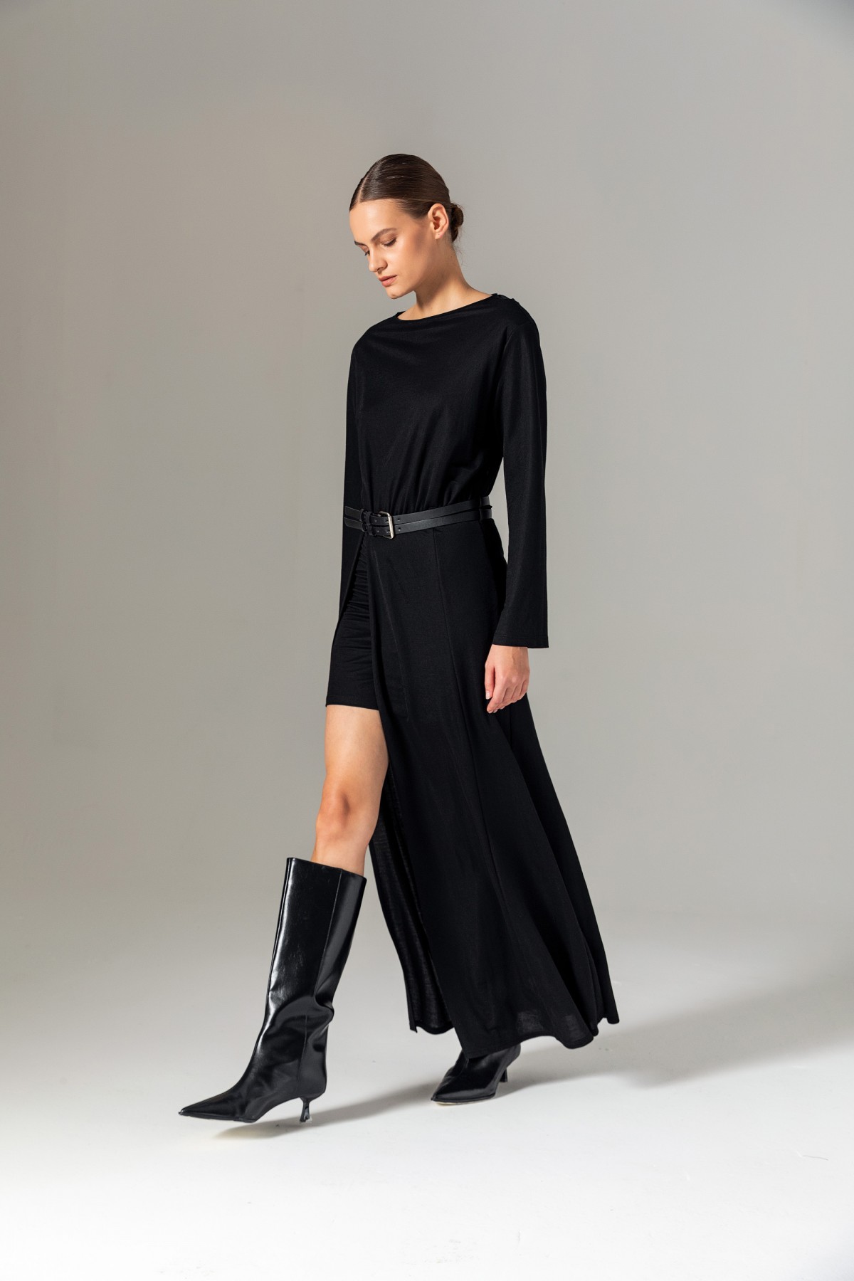 Kemerli Örme Elbise Siyah